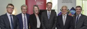 CEPAR launch: Marc de Cure, CEPAR Advisory Board Chair, Nicholas Fisk, Deputy Vice-Chancellor Research, Sue Thomas, CEO ARC, Minister for Education Dan Tehan, CEPAR Director John Piggott, Dean UNSW Business School Chris Styles